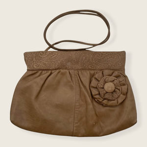 Saddle River Brown Faux Leather Paisley Flower Applique Frame Crossbody Bag
